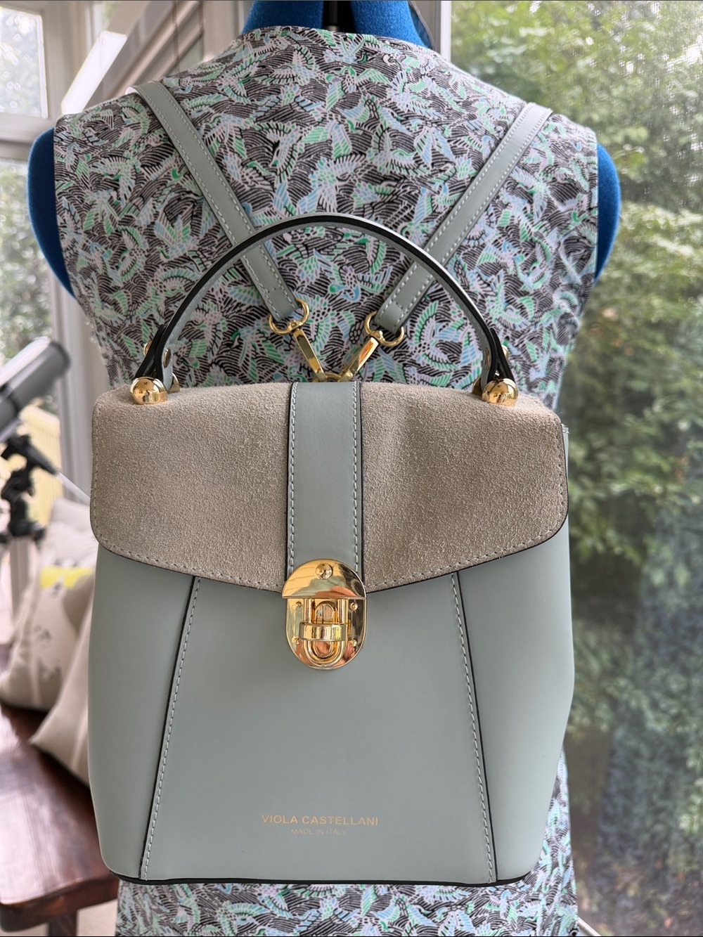 Viola Castellani small light blue leather and suede backpack made in Italy, EUC